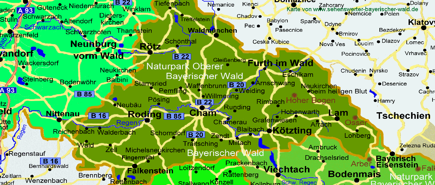 Karte vom Landkreis Cham in der Oberpfalz Landkarte vom Landkreis Cham Städte, Orte & Gemeinden