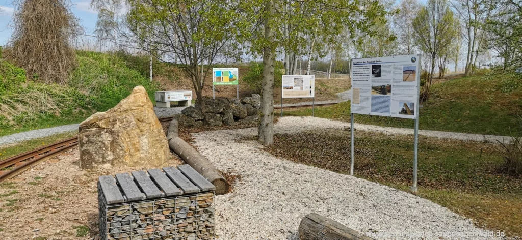 Informationstafeln am Lehrpfad in der Tongrube Rösl Rundweg am Boden Entdeckungspfad Regensburg